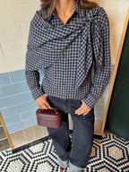 Navy plaid scarf-tie shirt draped panel
