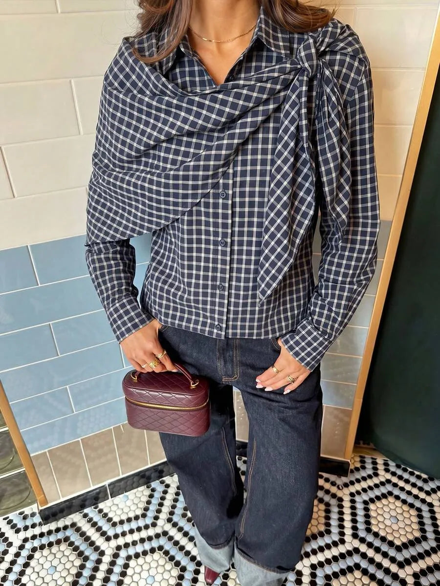 Navy plaid scarf-tie shirt draped panel