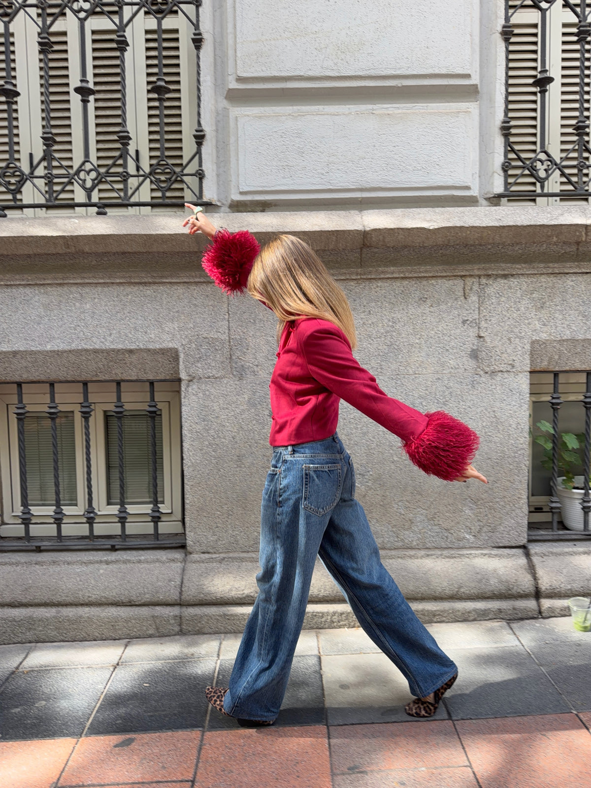 Ferryhill Faux Fur Cuff Frog-Button Jacket in Cherry