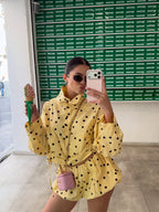 Butter Yellow Polka Dot Jacket & Bubble Shorts Set