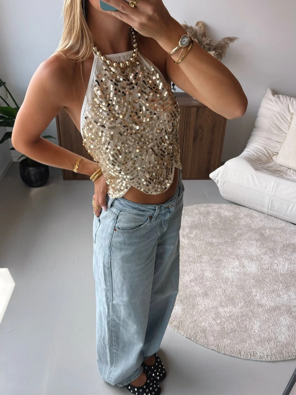 Mach & Aliza Sequin Halter Top
