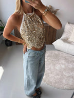 Mach & Aliza Sequin Halter Top