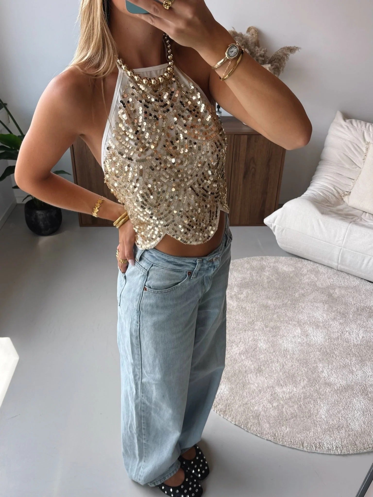 Mach & Aliza Sequin Halter Top