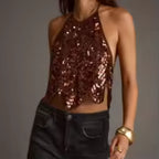 Mach & Aliza Sequin Halter Top