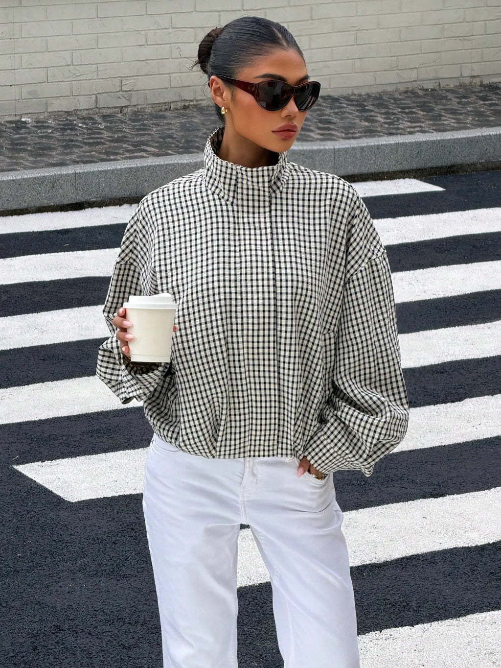 Black gingham funnel-neck jacket, street style