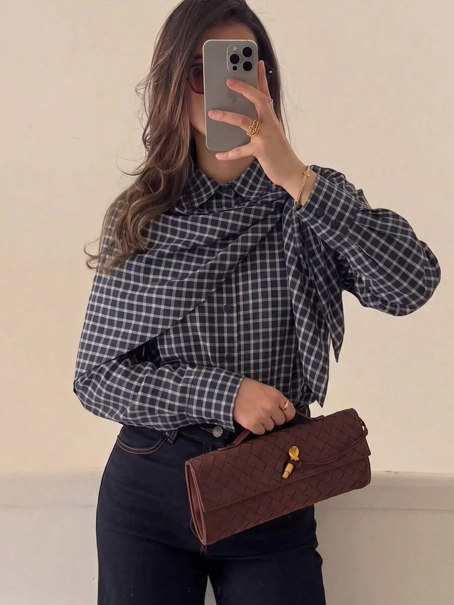 Navy plaid scarf-tie shirt tie detail
