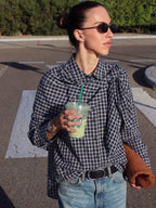Navy plaid scarf-tie shirt, front