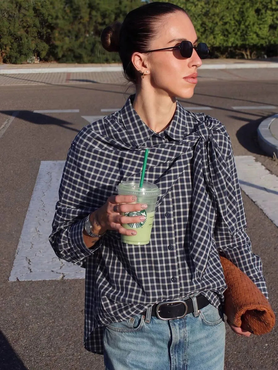 Navy plaid scarf-tie shirt, front