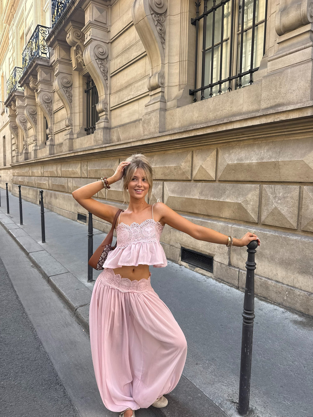 Pink lace cami and wide-leg trouser set, front