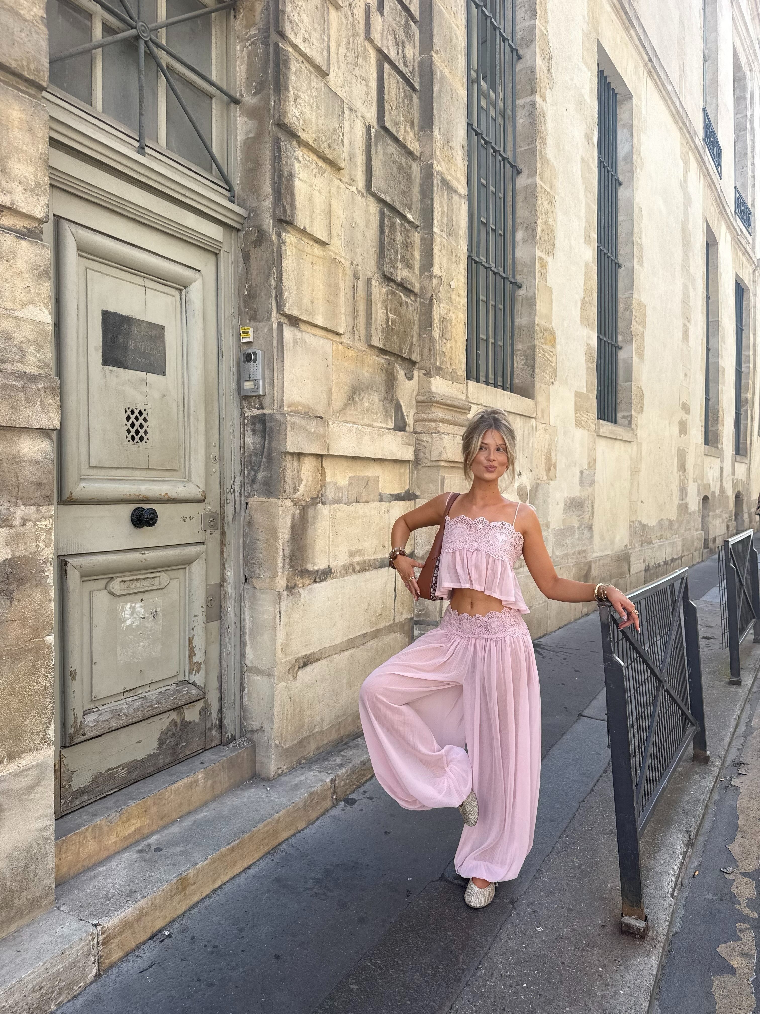 Pink lace ruffle cami with balloon trousers