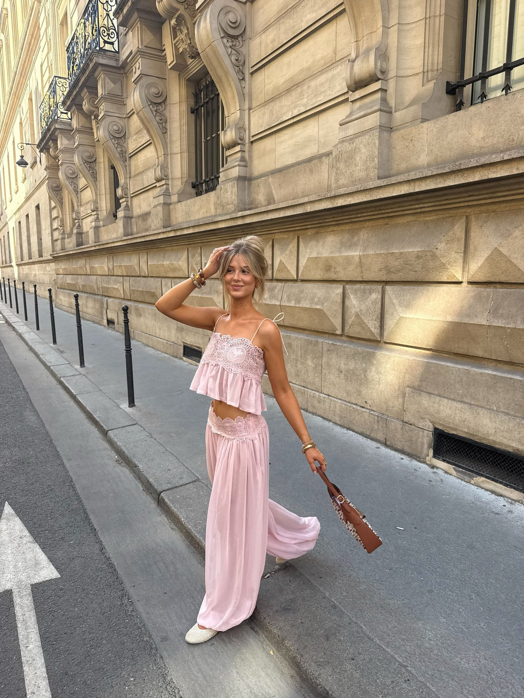 Pink lace set in Paris street
