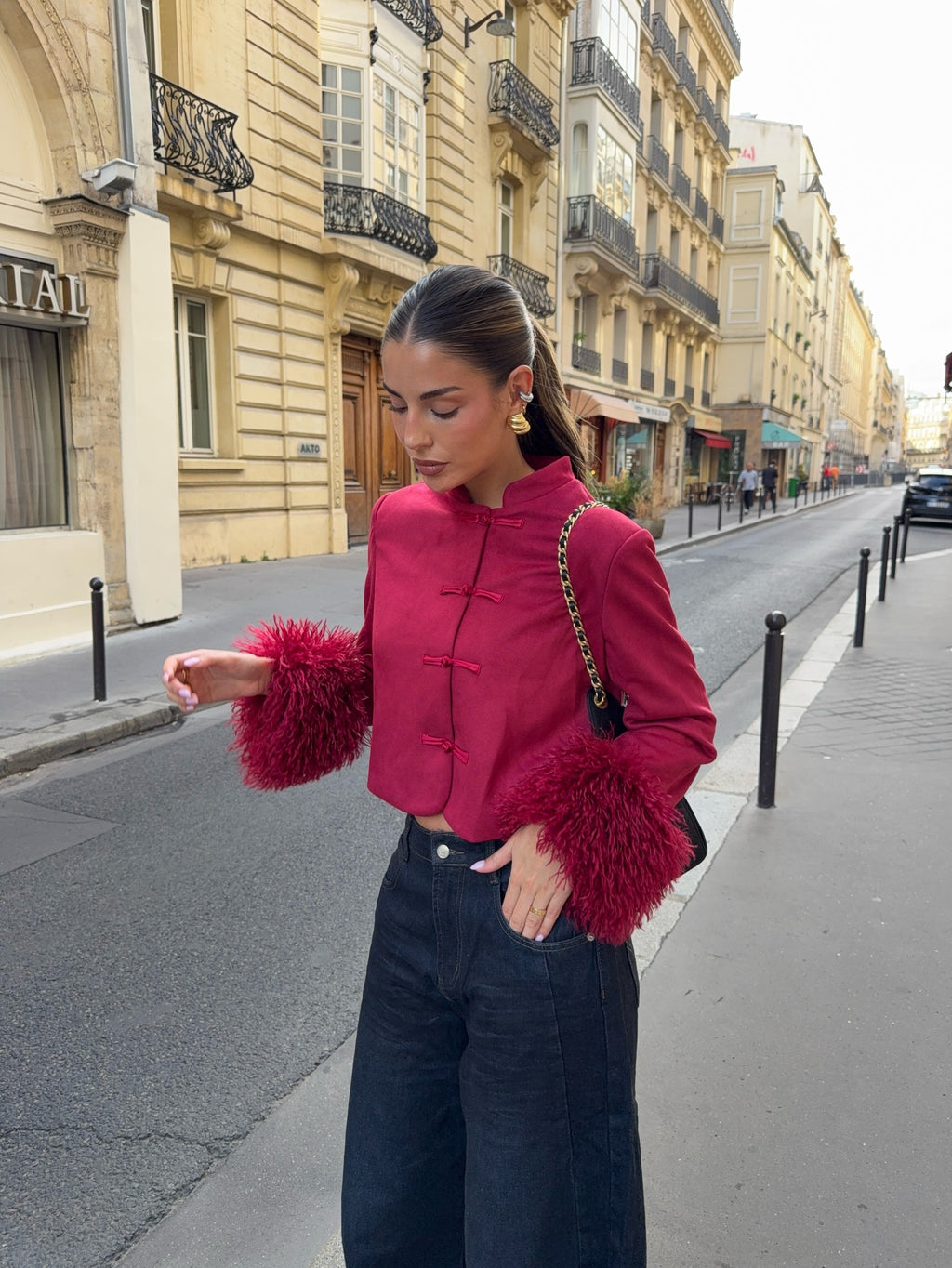 Ferryhill Faux Fur Cuff Frog-Button Jacket in Cherry