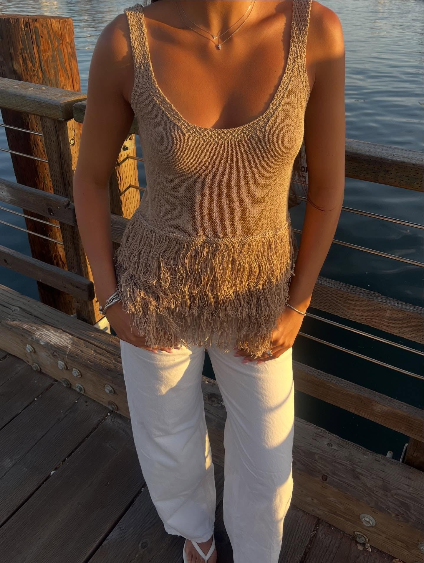 Tassel knit vest top, fringe hem detail