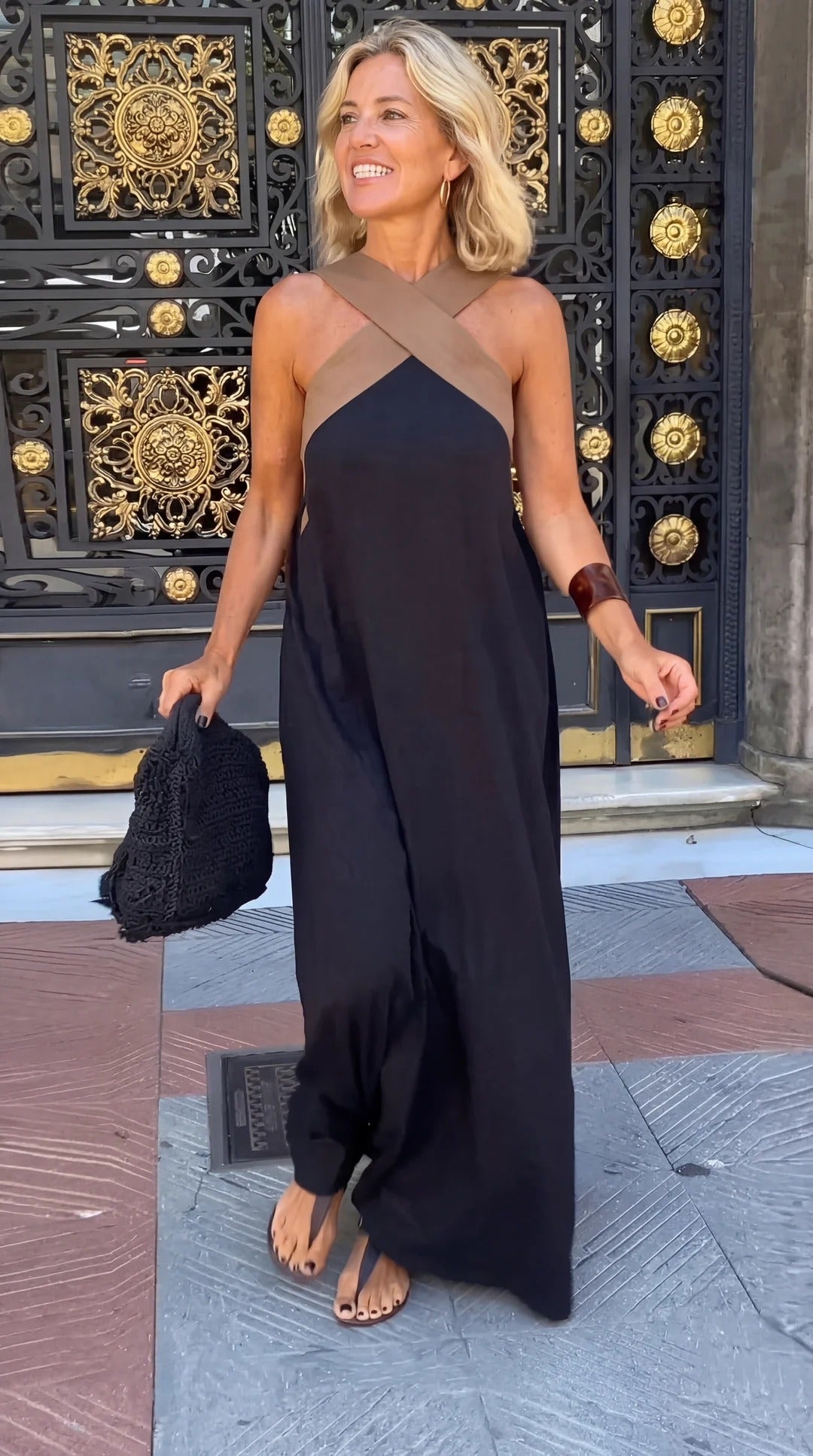 halter crossover dress Celeste Contrast Crossover Halter Maxi Dress