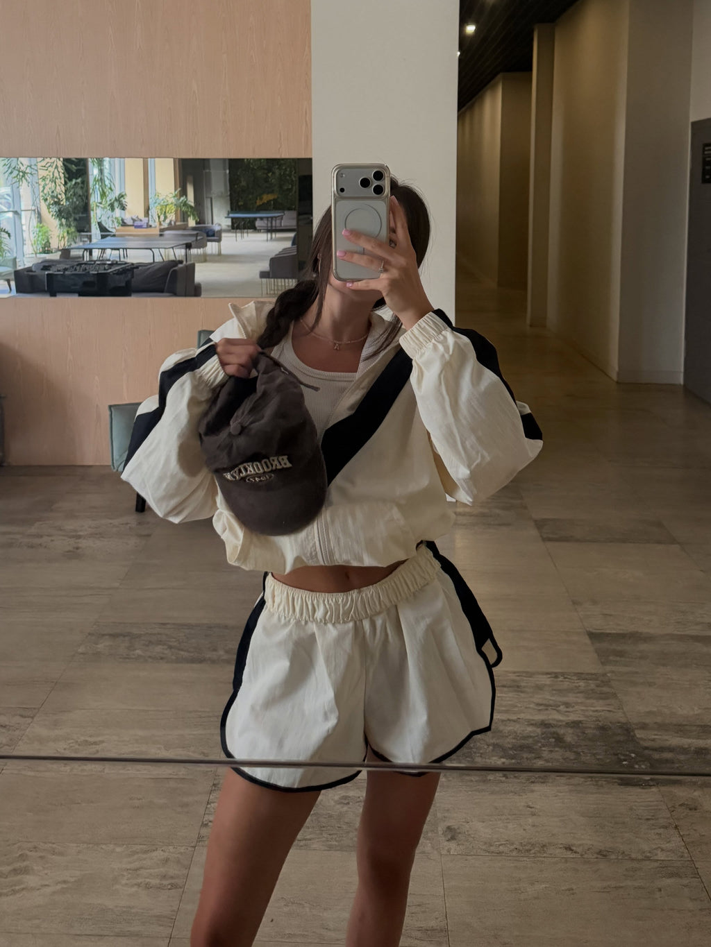 Cream and navy chevron windbreaker jacket and shorts set