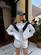 White chevron windbreaker jacket and shorts set