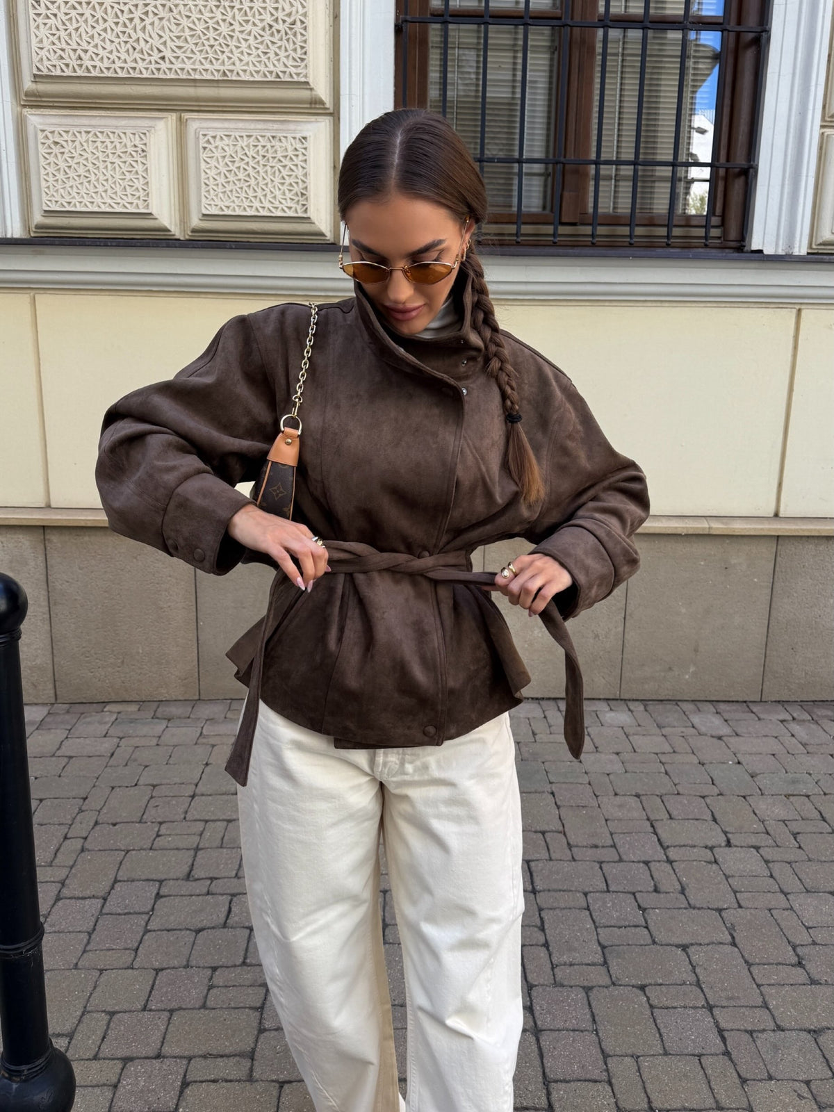 Banbury High-Neck Belted Suede Jacket - Espresso