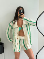 Camara Green Striped Crochet Shirt & Shorts Set