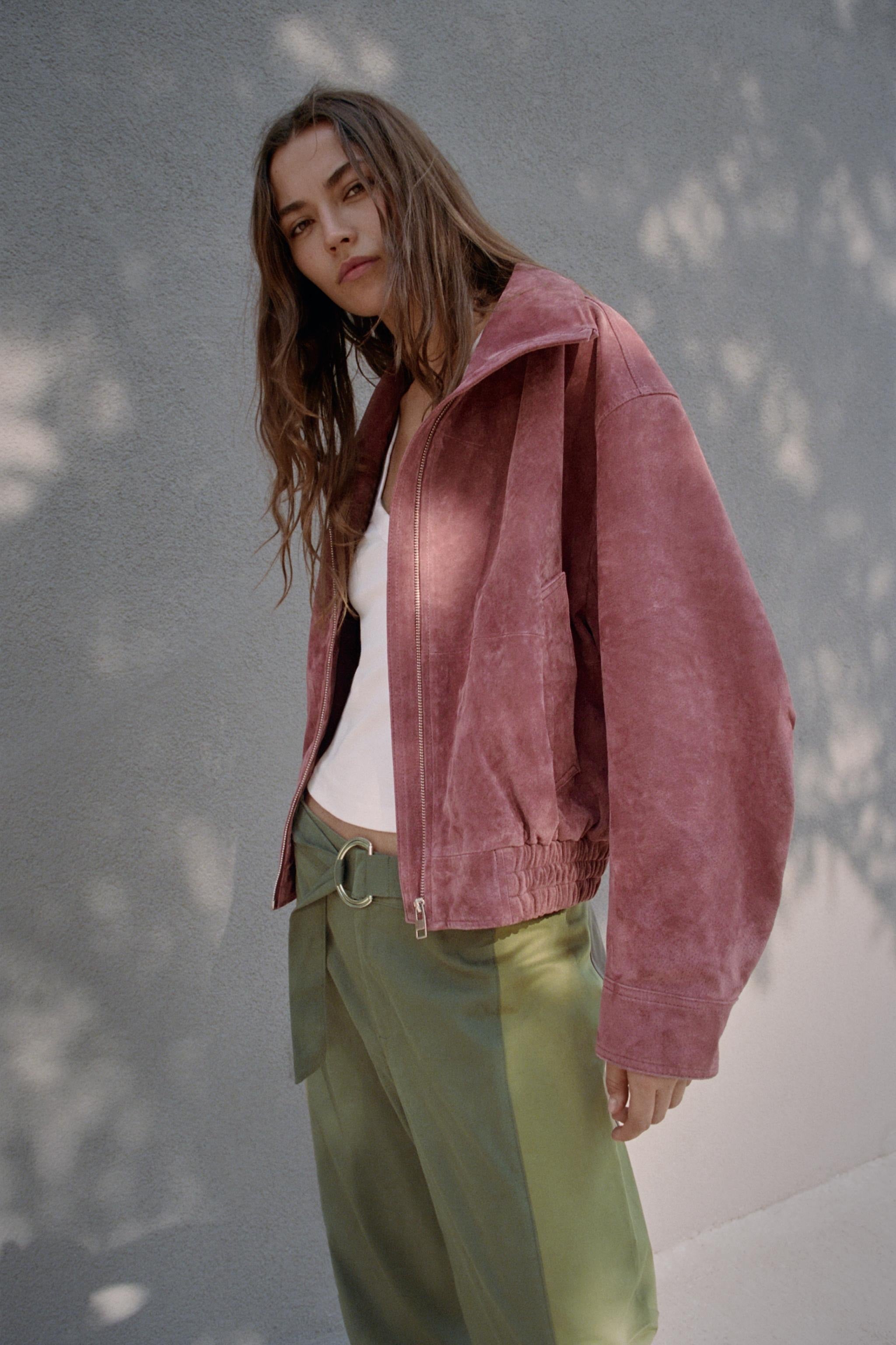Washed rose suede bomber jacket, side view