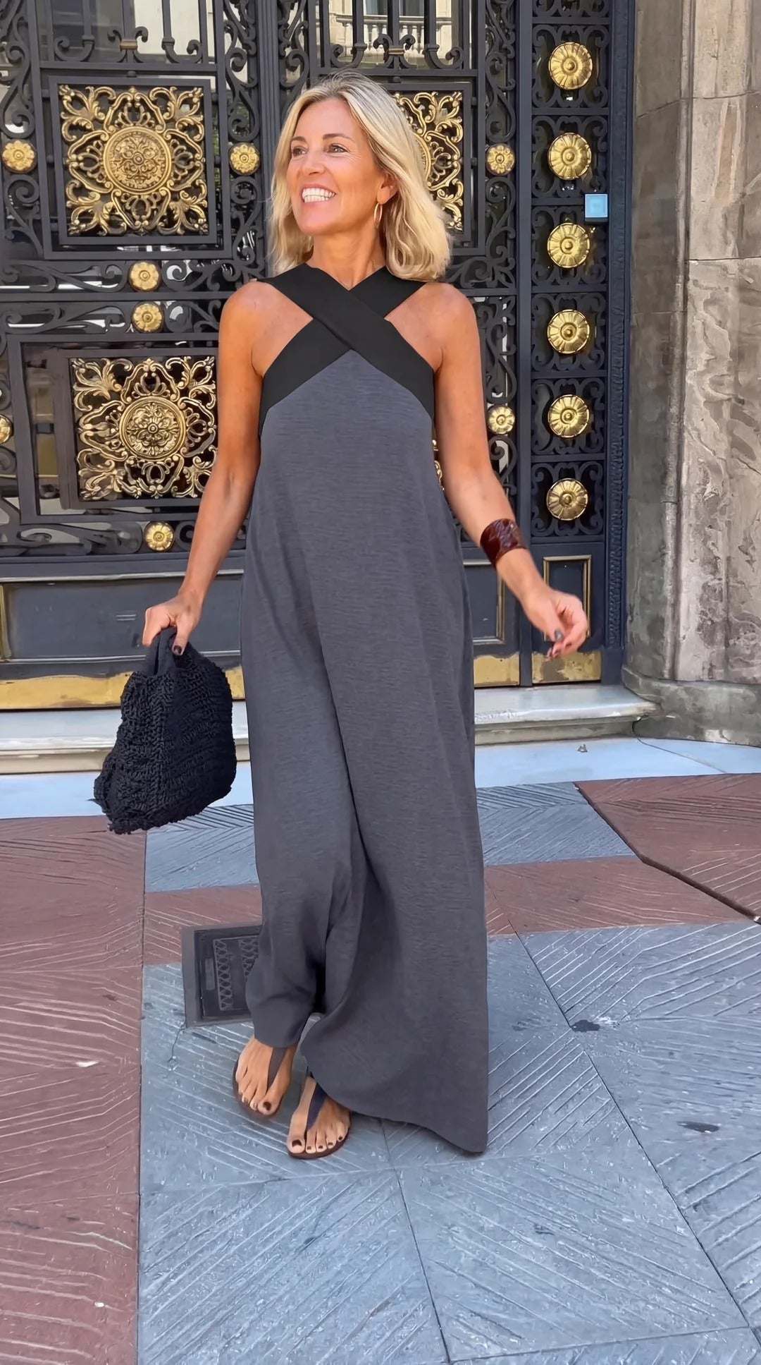 crossover halter maxi dress Celeste Contrast Crossover Halter Maxi Dress L / Merlot