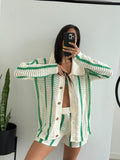 Camara Green Striped Crochet Shirt & Shorts Set
