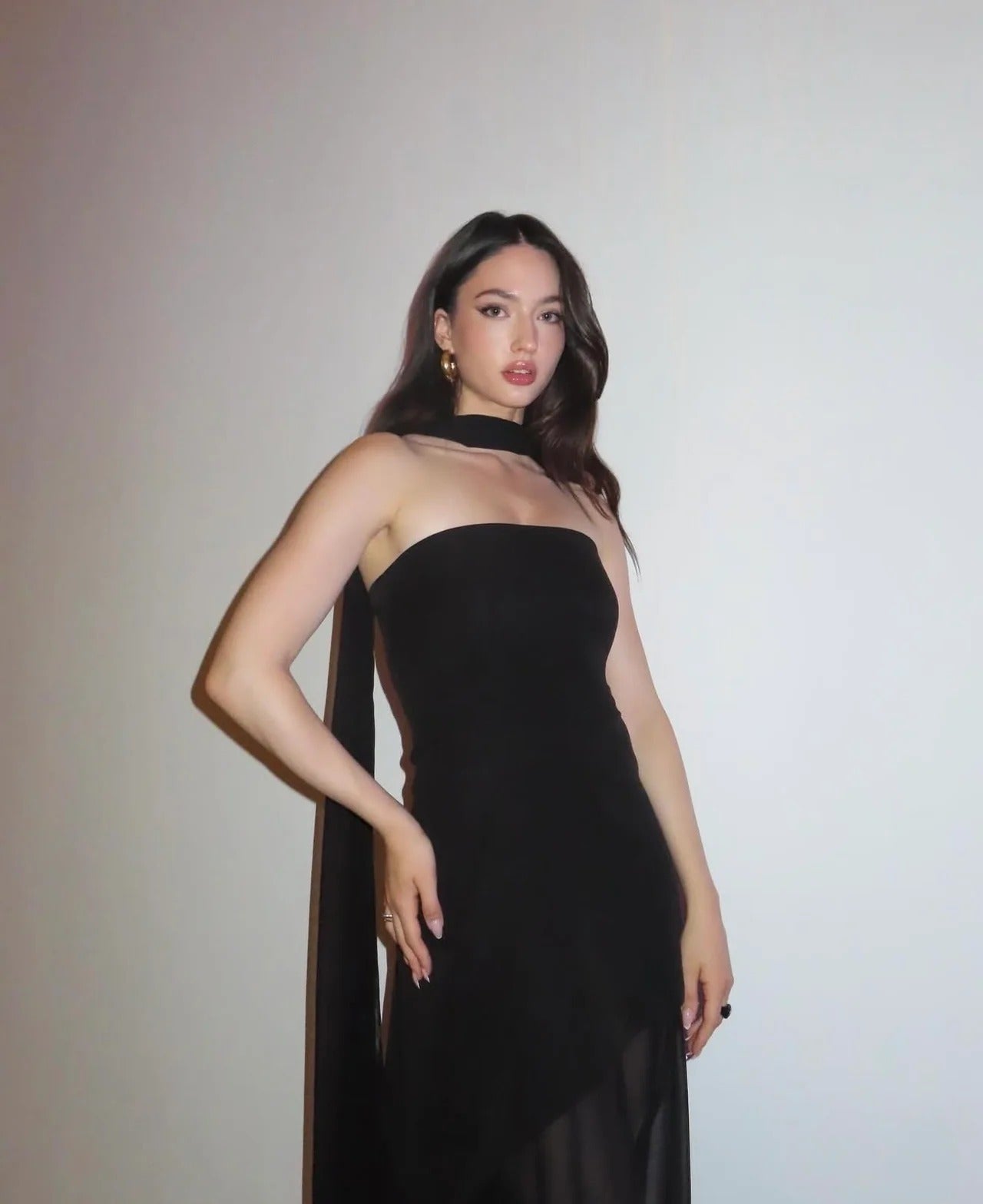 Delilah Asymmetric Sheer Maxi Dress with Scarf