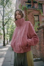 Washed rose suede oversized bomber jacket, front