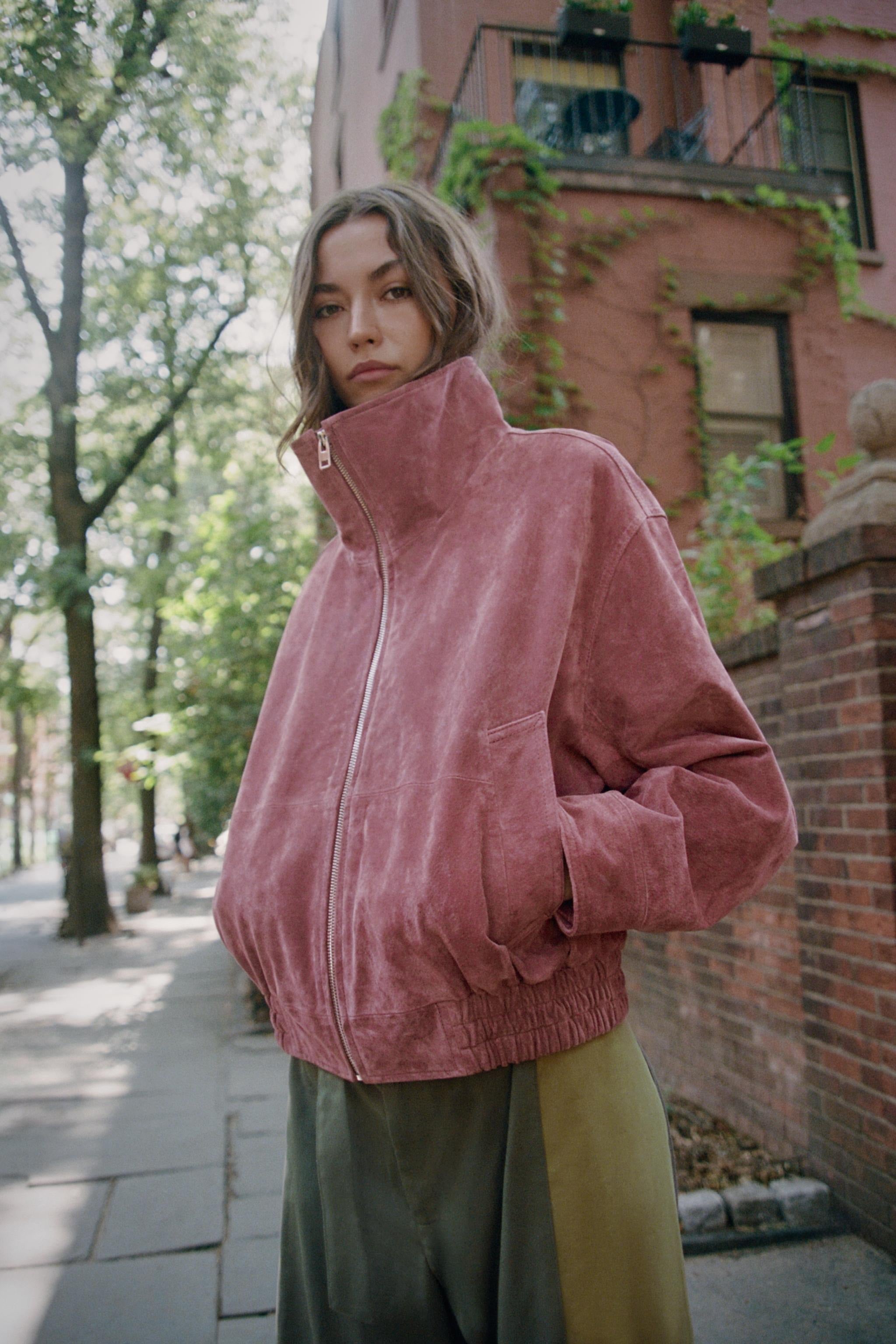 Washed rose suede oversized bomber jacket, front