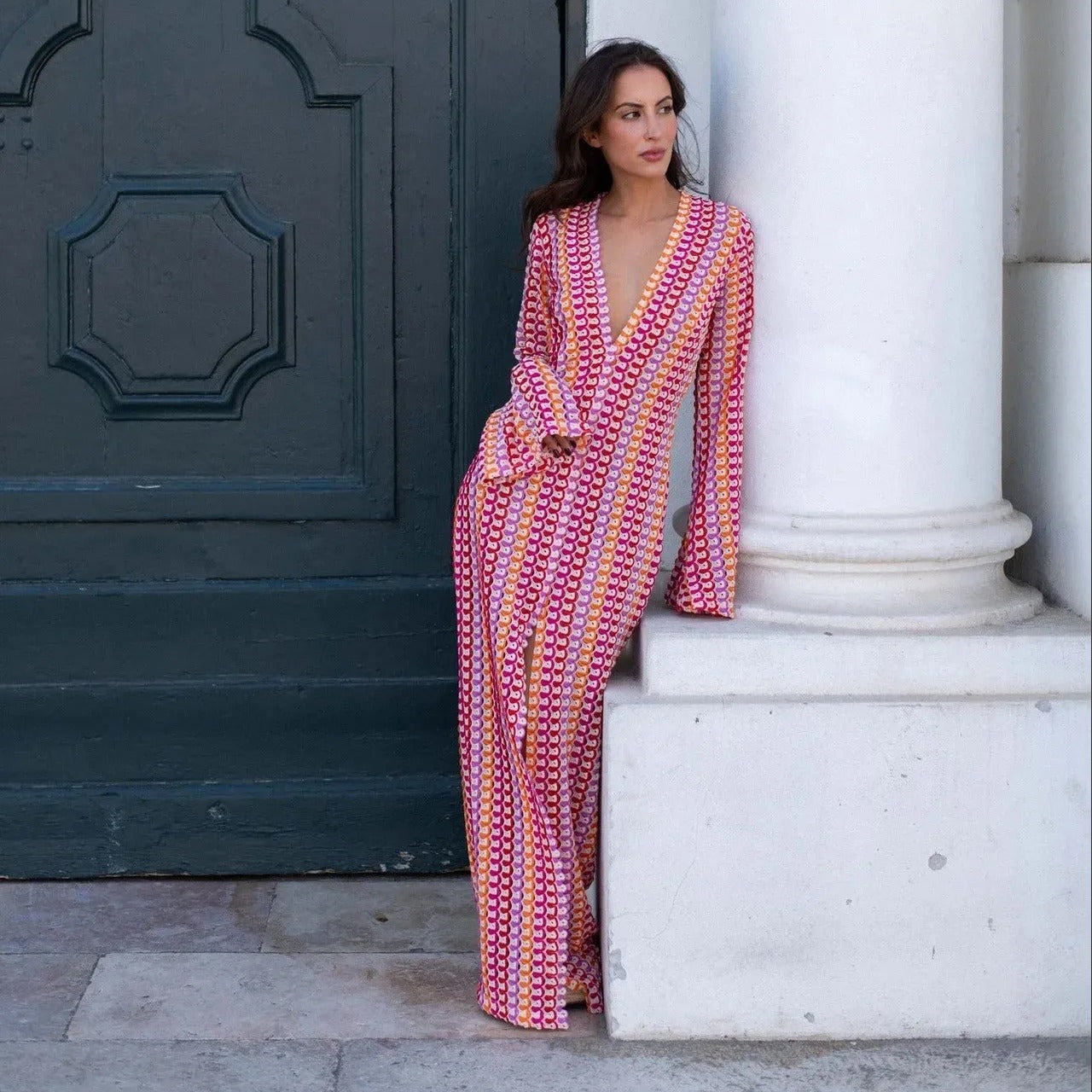 crochet striped maxi dress Crochet Striped Plunge Neck Maxi Dress