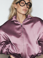 Maven Satin Puffer Jacket in Lilac - close-up detail