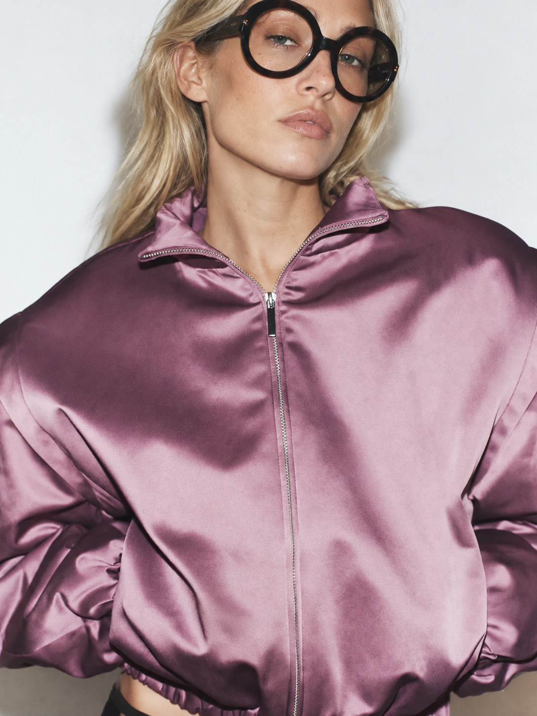 Maven Satin Puffer Jacket in Lilac - close-up detail