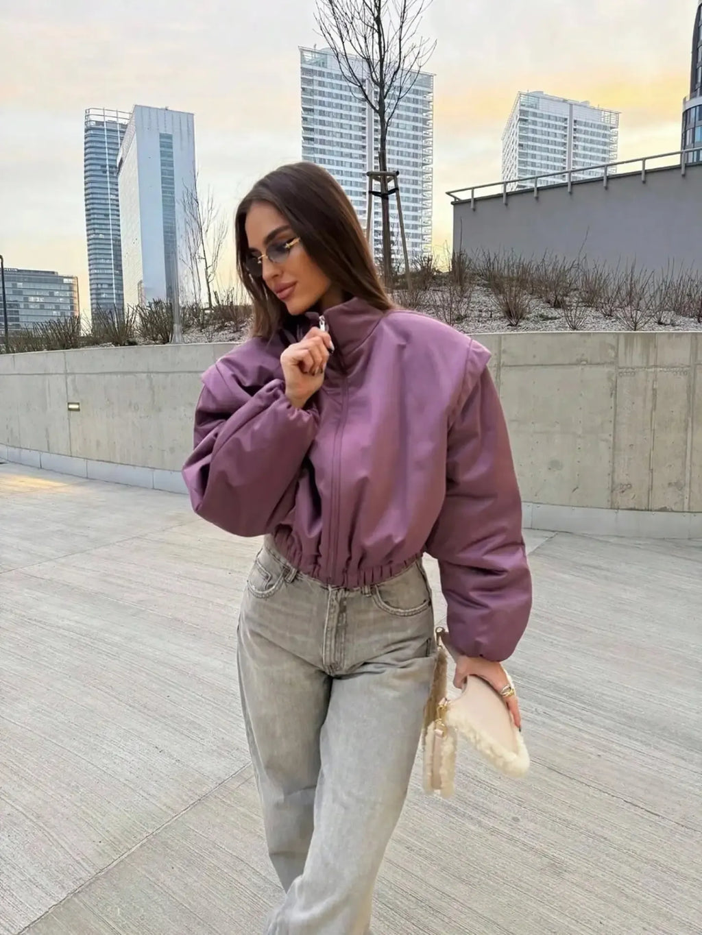 Maven Satin Puffer Jacket in Lilac - styled with denim