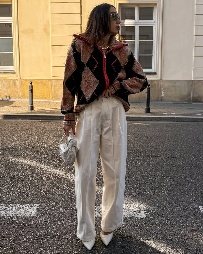 Diana Tricot Argyle High-Neck Zip-Up Cardigan