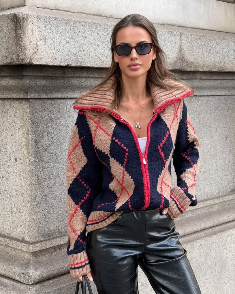 Diana Tricot Argyle High-Neck Zip-Up Cardigan