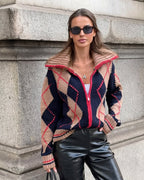 Diana Tricot Argyle High-Neck Zip-Up Cardigan