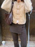 Diana Tricot Frog-Knot Knit Cardigan - Beige