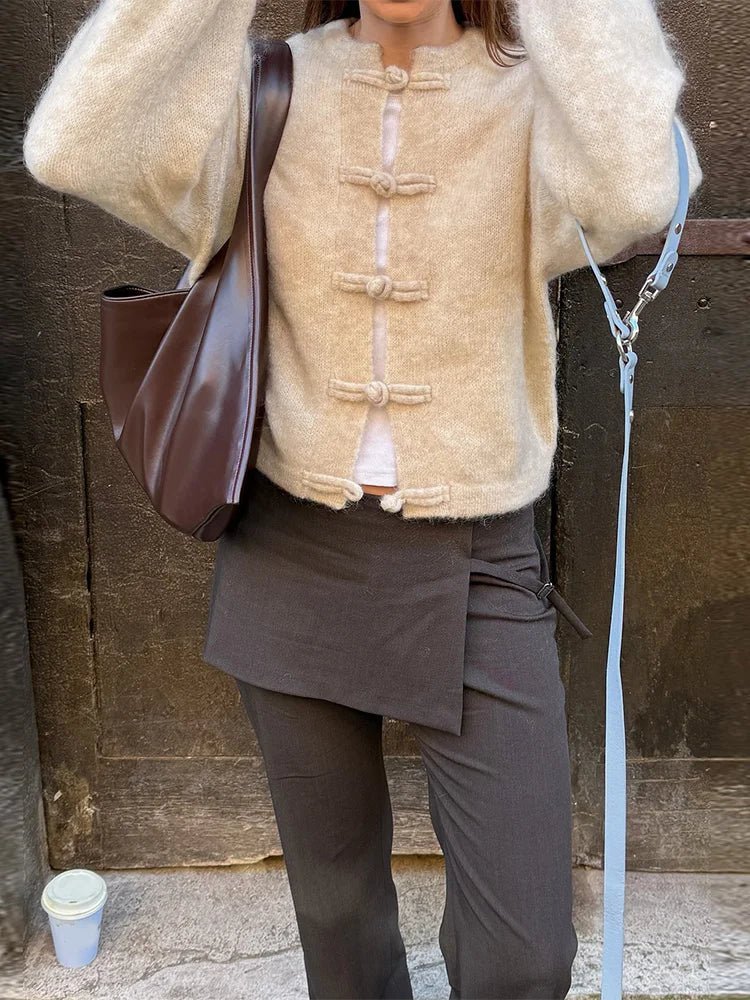 Diana Tricot Frog-Knot Knit Cardigan - Beige