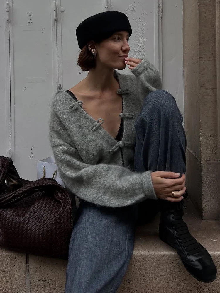 Diana Tricot Frog-Knot Knit Cardigan
