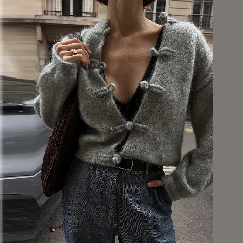 Diana Tricot Frog-Knot Knit Cardigan