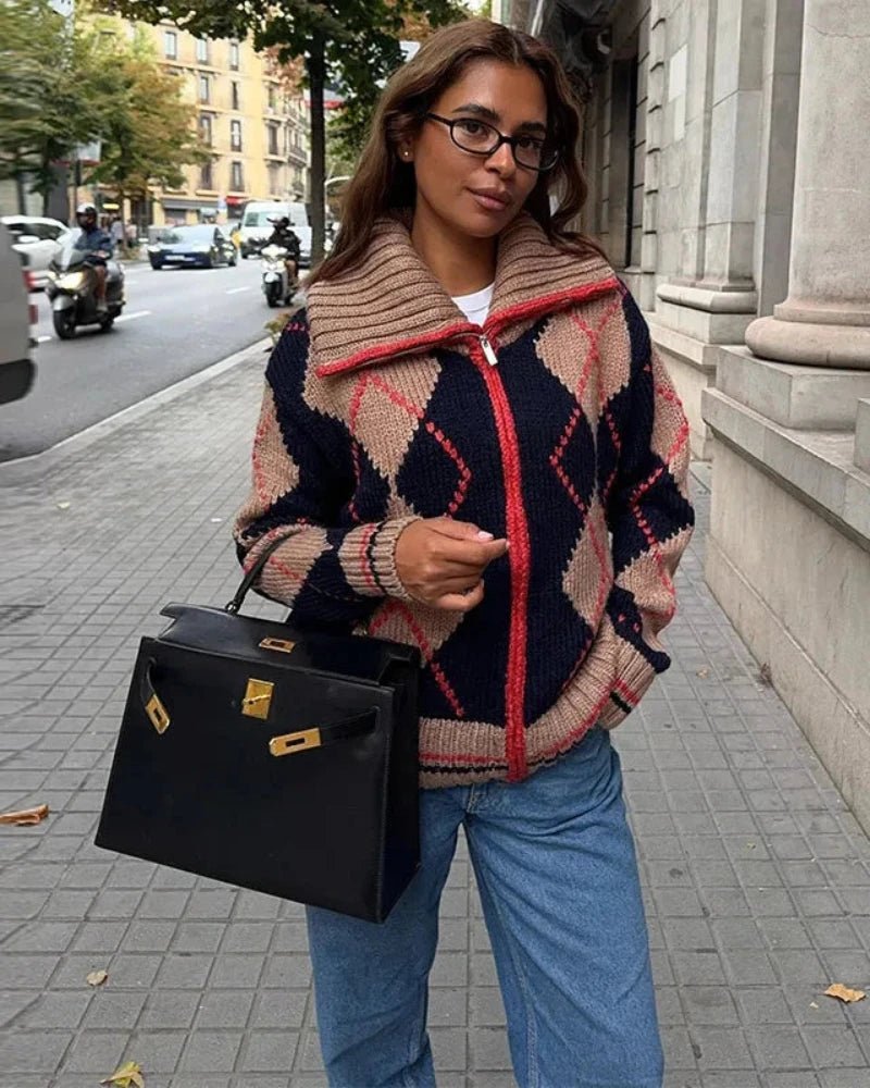 Diana Tricot Argyle High-Neck Zip-Up Cardigan