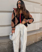 Diana Tricot Argyle High-Neck Zip-Up Cardigan