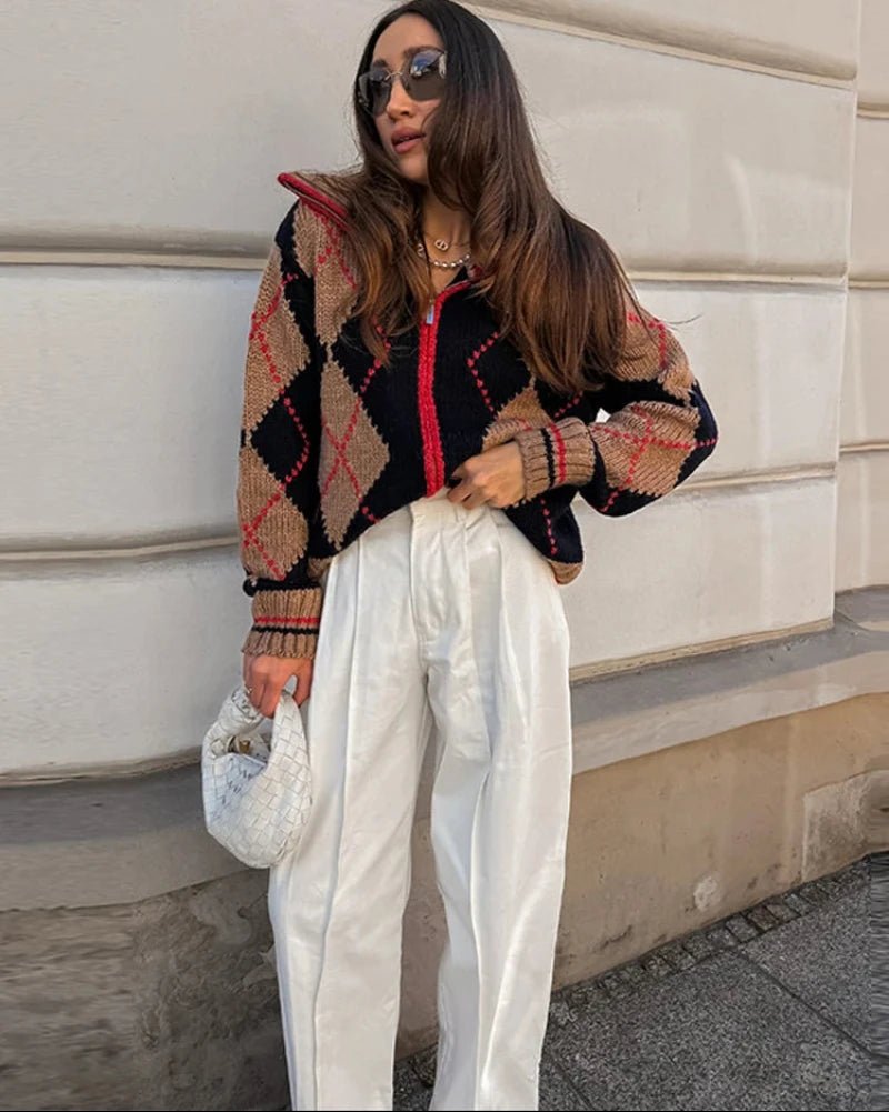 Diana Tricot Argyle High-Neck Zip-Up Cardigan