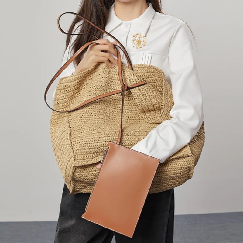 Brigitte Handwoven Straw Tote styled