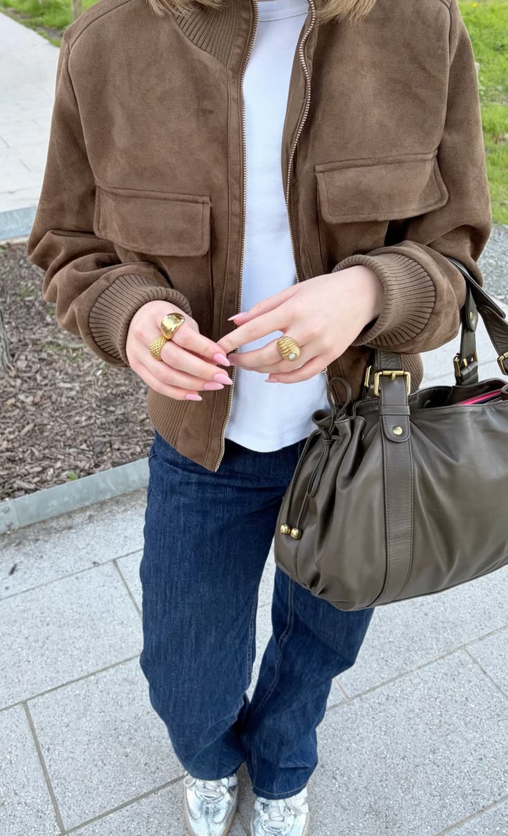 Banbury Faux Suede Bomber Jacket in brown, styled