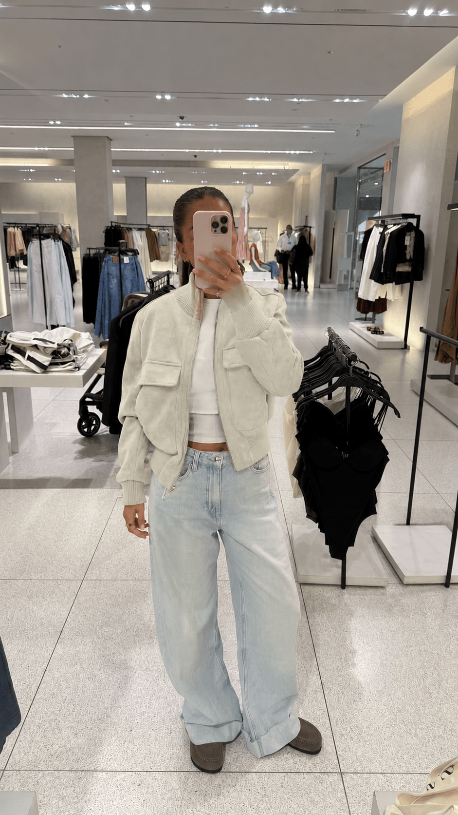 Banbury Faux Suede Bomber Jacket in cream, styled
