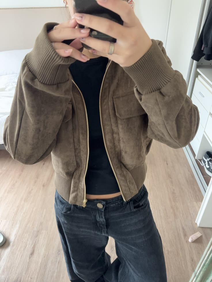 Banbury Faux Suede Bomber Jacket in olive, mirror