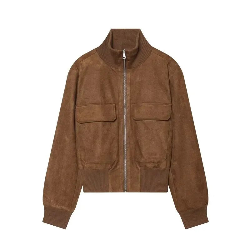 Banbury Faux Suede Bomber Jacket brown flat lay