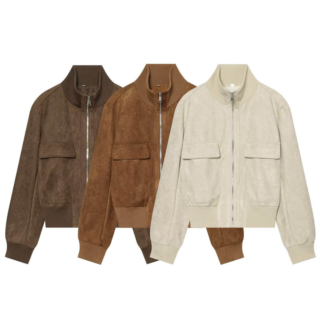 Banbury Faux Suede Bomber Jacket in brown, olive and cream