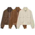Banbury Faux Suede Bomber Jacket in brown, olive and cream