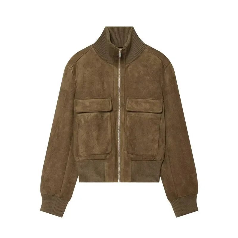 Banbury Faux Suede Bomber Jacket olive flat lay
